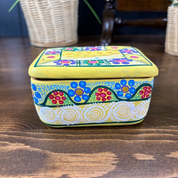 Vintage Terracotta Trinket Box Hand Painted Mexican Pottery Ceramic Keepsake Box - Picture 3 of 16